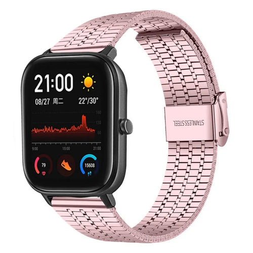 Fine Steel Strap, pink, on a watch, 3/4 front view