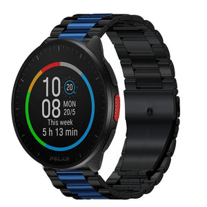 Steel Strap, black/blue, on a watch, 3/4 front view