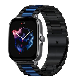 Steel Strap, black/blue, on a watch, 3/4 front view