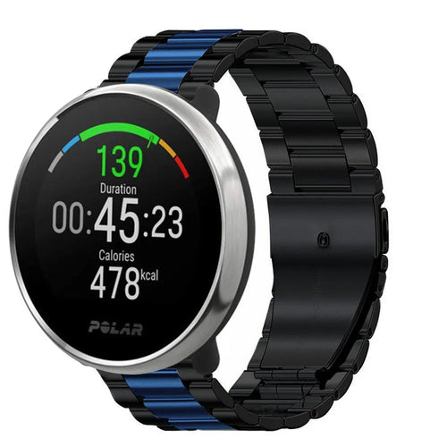 Steel Strap, black/blue, on a watch, 3/4 front view