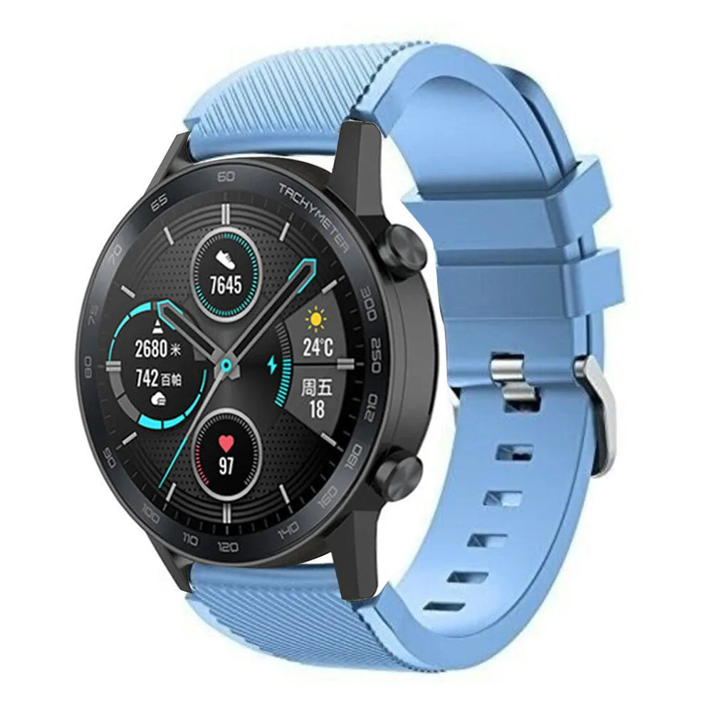 Twill Silicone Strap, sand blue, on a watch, 3/4 front view