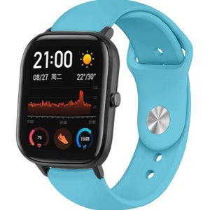 Silicone Sport Strap, light blue, on a watch, 3/4 front view