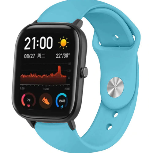 Silicone Sport Strap, light blue, on a watch, 3/4 front view