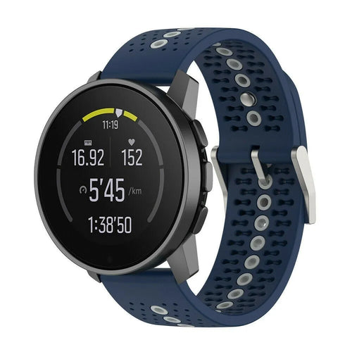 Silicone Strap, blue/grey, on a watch, 3/4 front view
