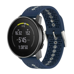 Silicone Strap, blue/grey, on a watch, 3/4 front view