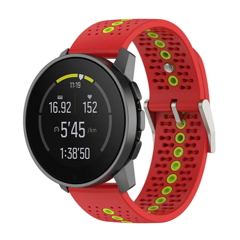 Silicone Strap, red/green, on a watch, 3/4 front view