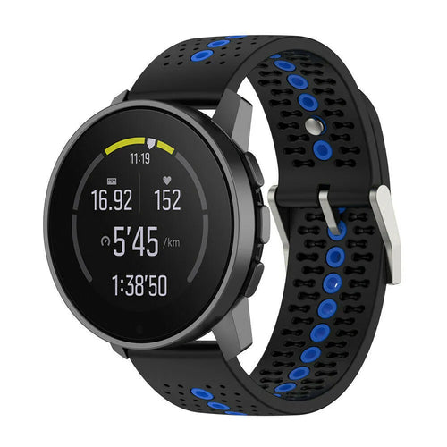 Silicone Strap, black/blue, on a watch, 3/4 front view