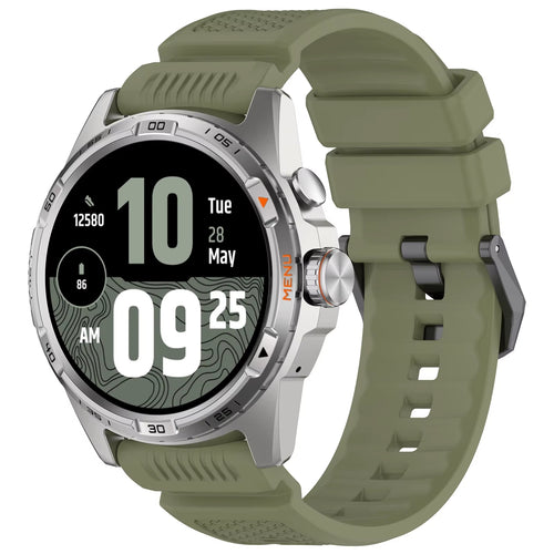Silicone Strap, army green, on a watch, 3/4 front view