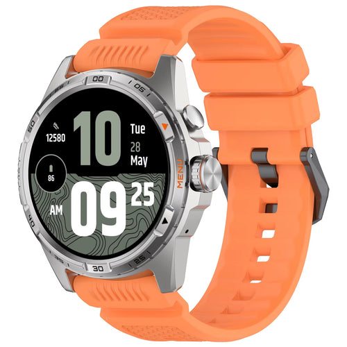 Silicone Strap, orange, on a watch, 3/4 front view