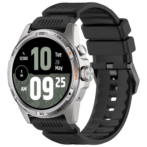 Silicone Strap, black, on a watch, 3/4 front view