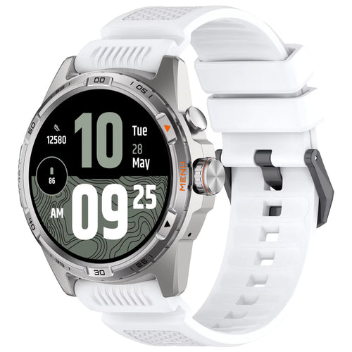 Silicone Strap, white, on a watch, 3/4 front view