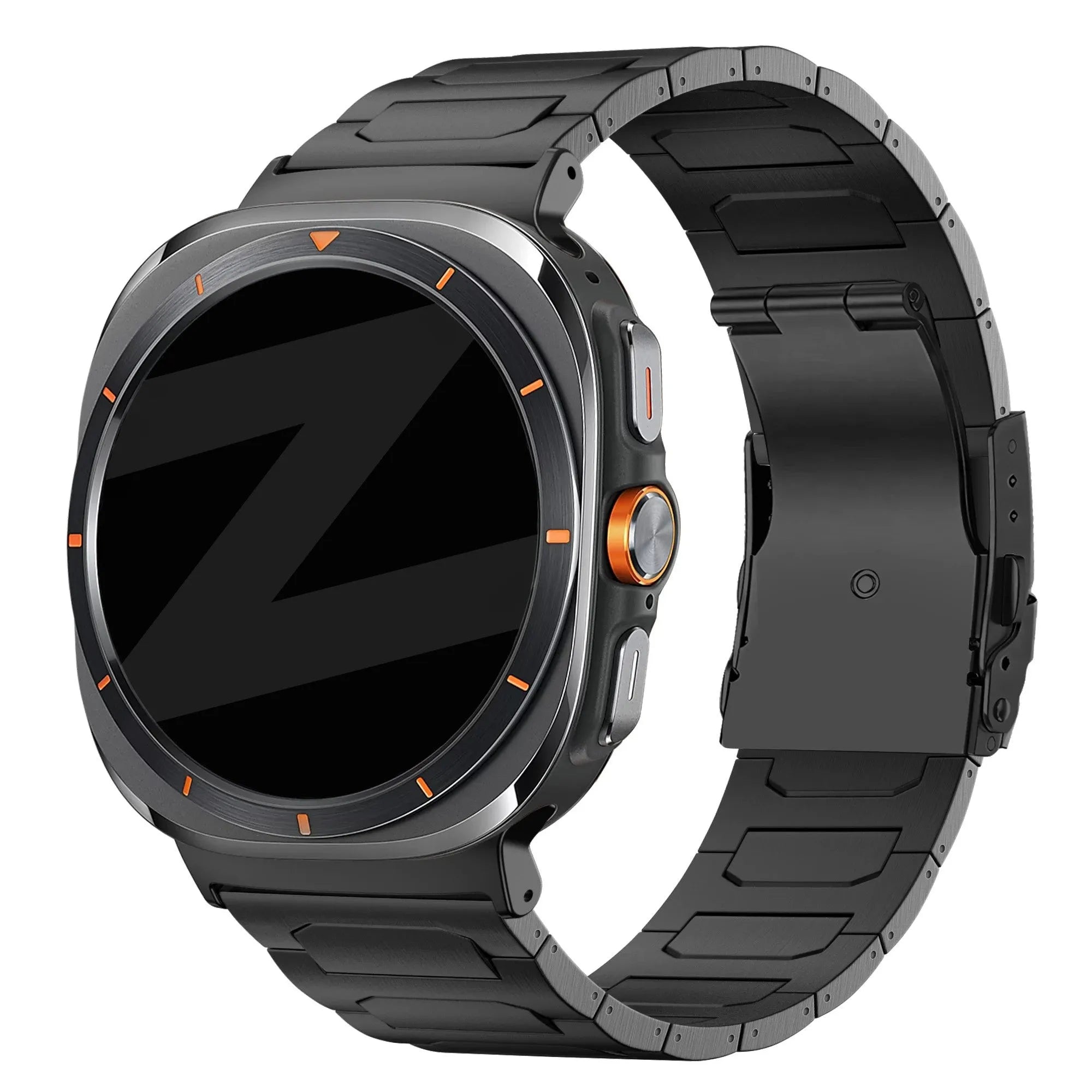 Titanium Strap 'Deluxe', black, on a watch, 3/4 front view