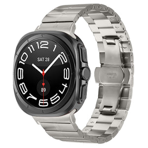 Premium Metal Strap, titanium, on a watch, 3/4 front view