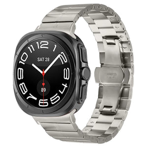 Premium Metal Strap, titanium, on a watch, 3/4 front view