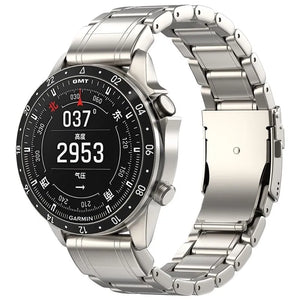 Premium Titanium Strap, on a watch, 3/4 front view