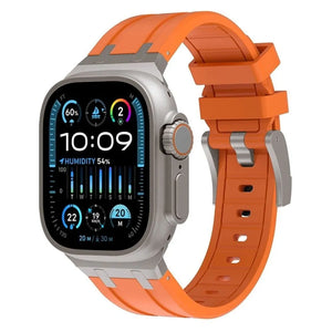Luxury Liquid Silicone Strap, orange/titanium, on a watch, 3/4 front view
