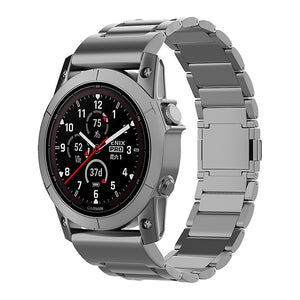 Magnetic Titanium Strap, graphite, on a watch, 3/4 front view
