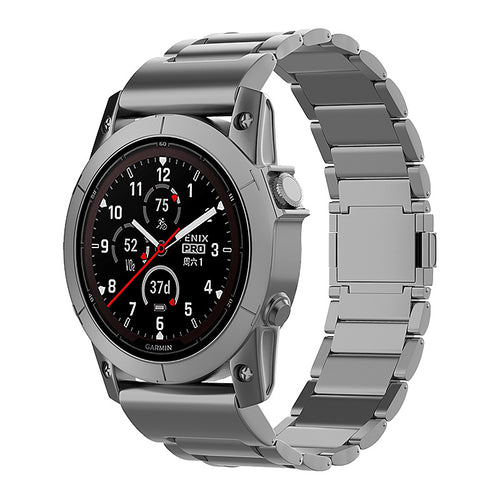 Magnetic Titanium Strap, graphite, on a watch, 3/4 front view