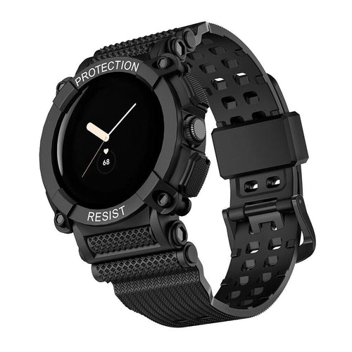 Silicone TPU Strap with Frame, black, on a watch, 3/4 front view