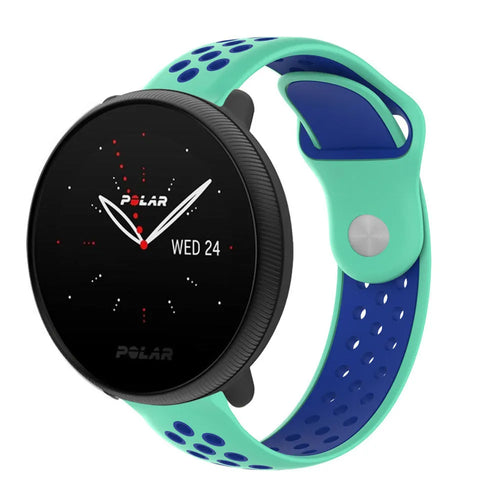Silicone Sport Strap, aqua/blue, on a watch, 3/4 front view