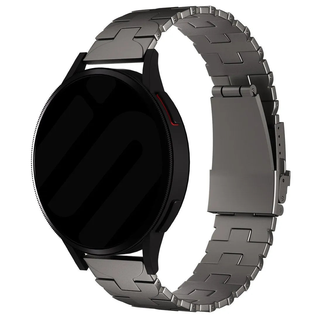 Butterfly Titanium Strap, graphite, on a watch, 3/4 front view
