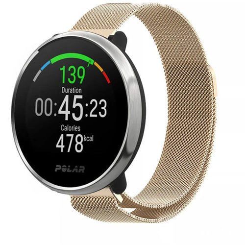 Milanese Strap, champagne, on a watch, 3/4 front view