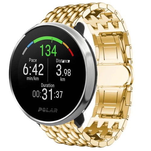 Steel Dragon Strap, gold, on a watch, 3/4 front view