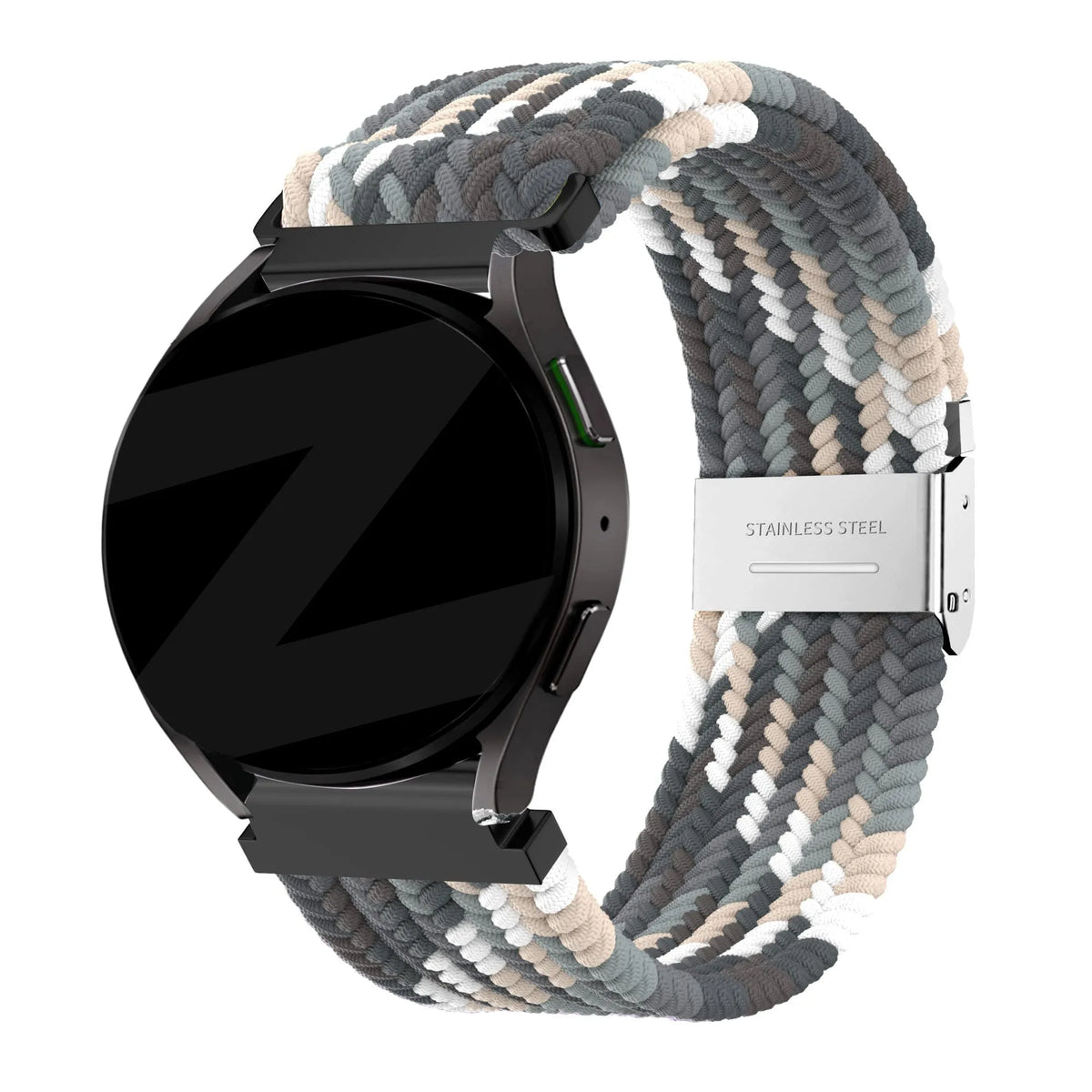 Woven Nylon Strap, slate, on a watch, 3/4 front view