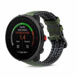 Leather Hybrid Strap, black/green, on a watch, 3/4 front view
