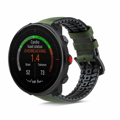 Leather Hybrid Strap, black/green, on a watch, 3/4 front view