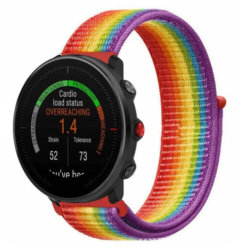 Nylon Strap, rainbow, on a watch, 3/4 front view