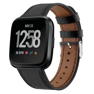 Modern Leather Strap, black, on a watch, 3/4 front view