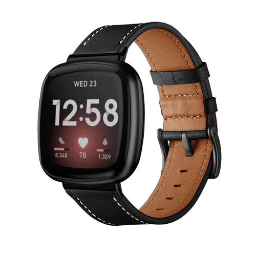 Leather Strap, black, on a watch, 3/4 front view