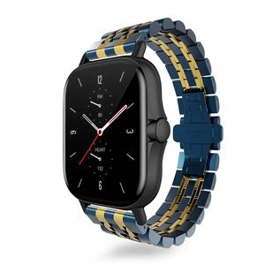 Steel Link Strap 'Duo', blue/gold, on a watch, 3/4 front view