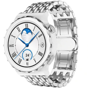 Steel Dragon Strap, silver, on a watch, 3/4 front view
