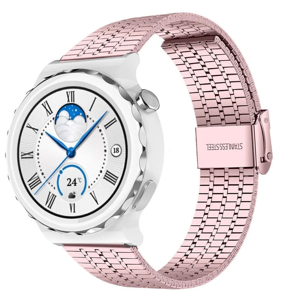 Fine Steel Strap, pink, on a watch, 3/4 front view
