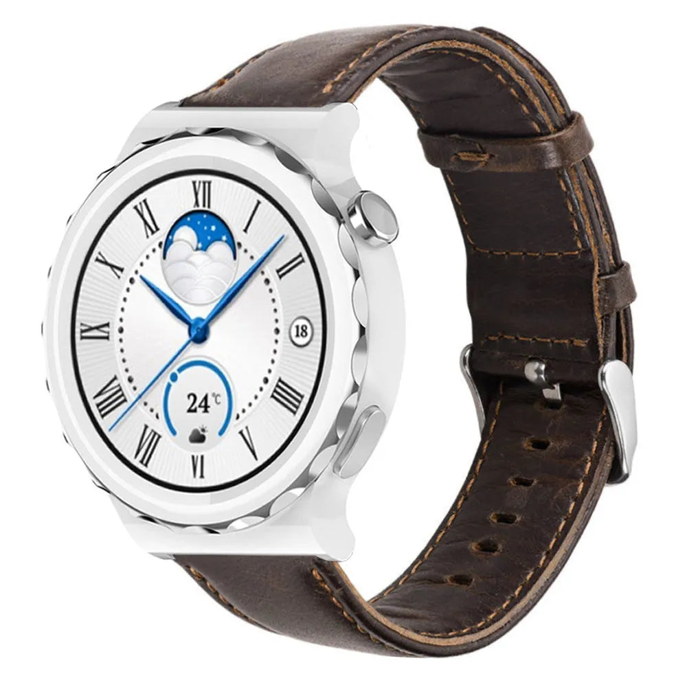 Leather Strap, dark brown, on a watch, 3/4 front view