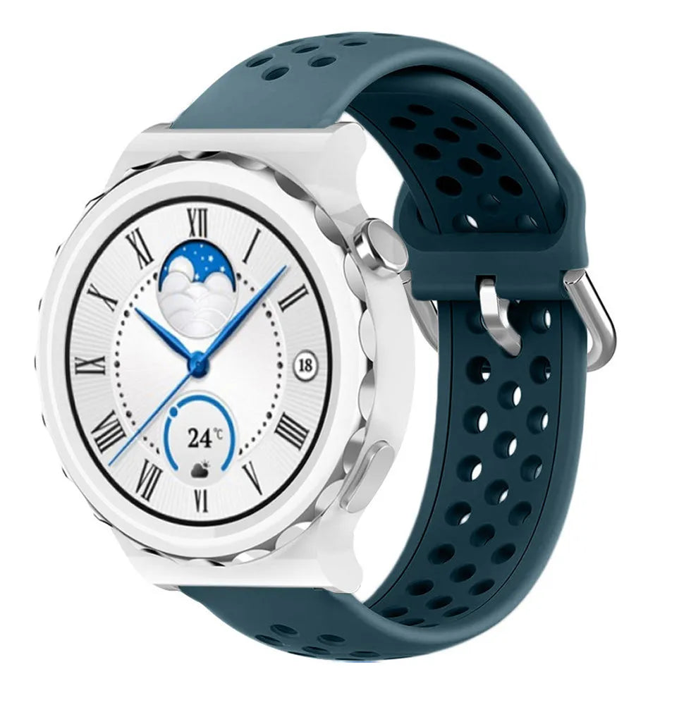 Breathable Silicone Strap, rock green, on a watch, 3/4 front view