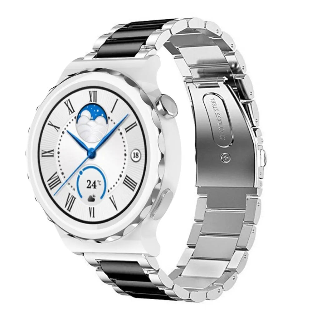 Steel Strap, silver/black, on a watch, 3/4 front view