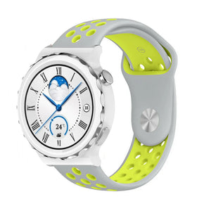 Silicone Sport Strap, grey/yellow, on a watch, 3/4 front view