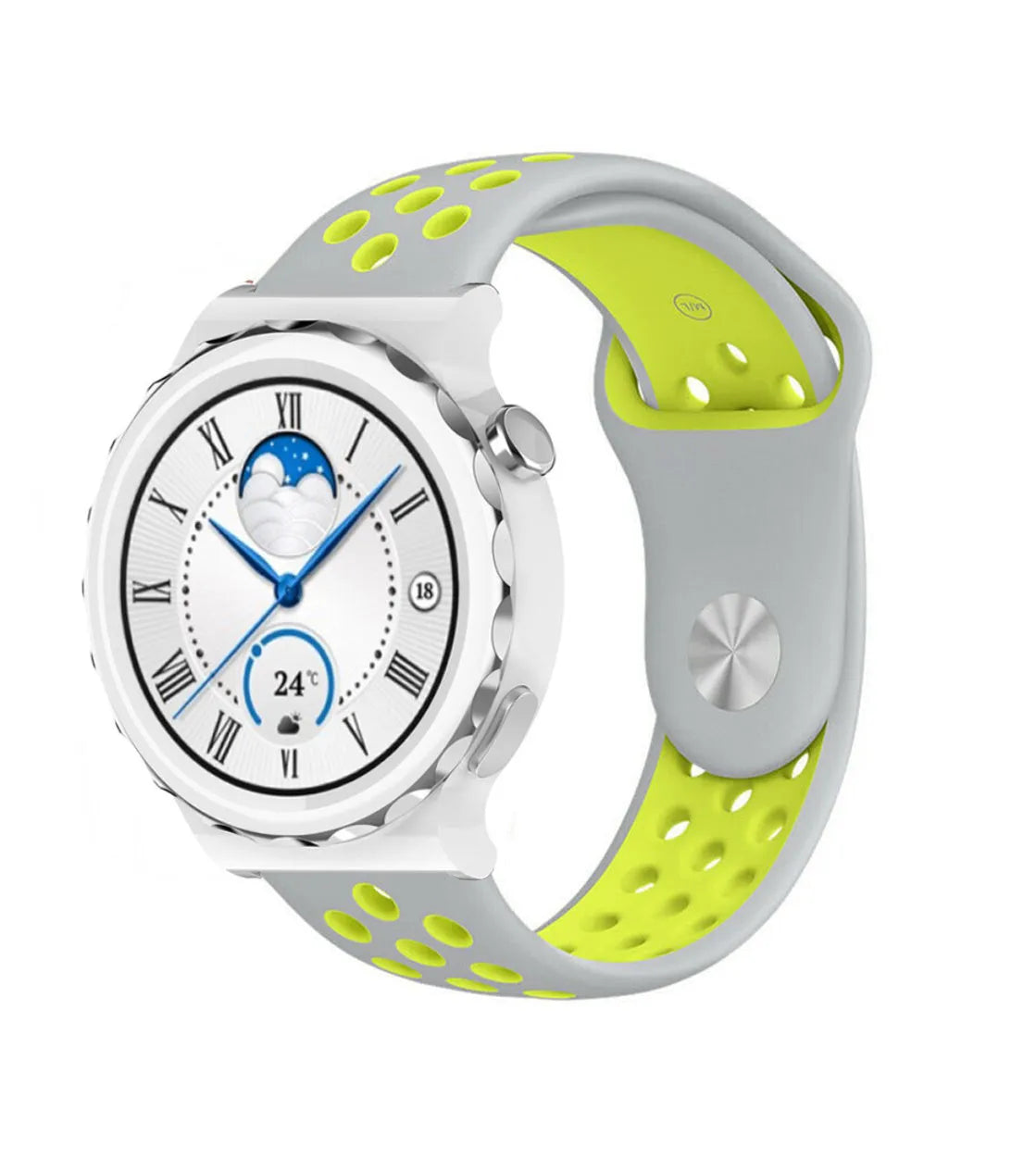 Silicone Sport Strap, grey/yellow, on a watch, 3/4 front view