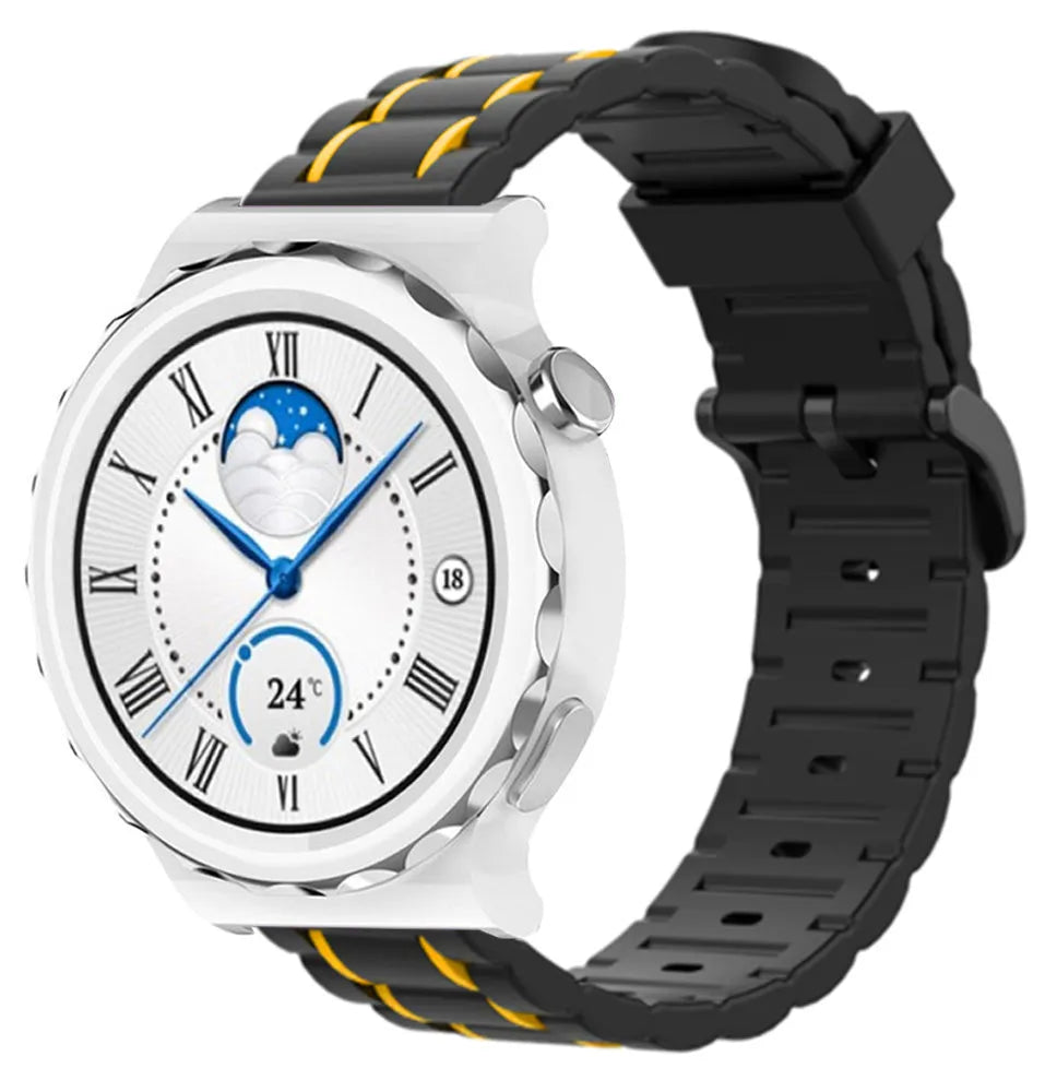Silicone Strap 'Tough', black/yellow, on a watch, 3/4 front view