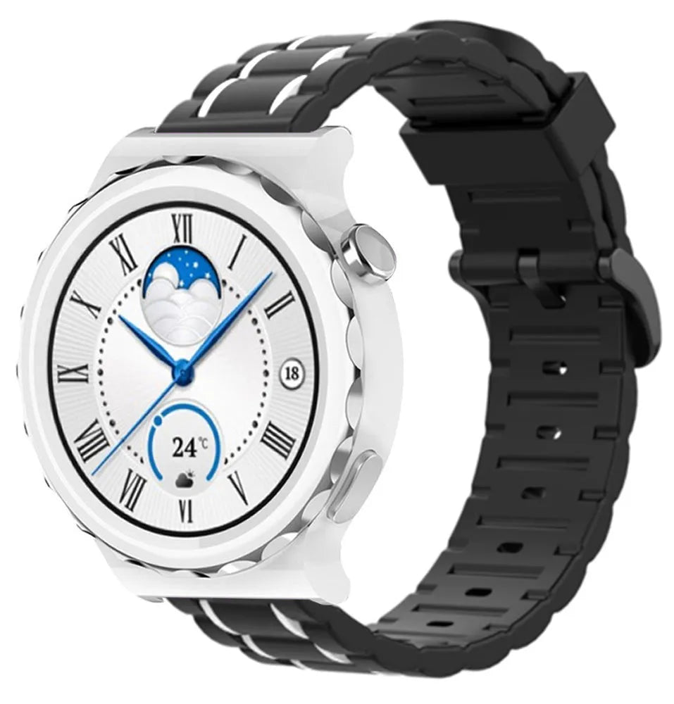 Silicone Strap 'Tough', black/white, on a watch, 3/4 front view