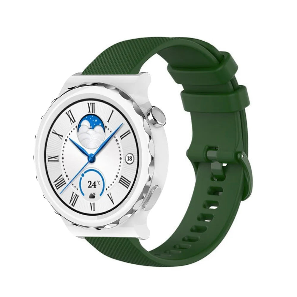Premium Silicone Strap, army green, on a watch, 3/4 front view