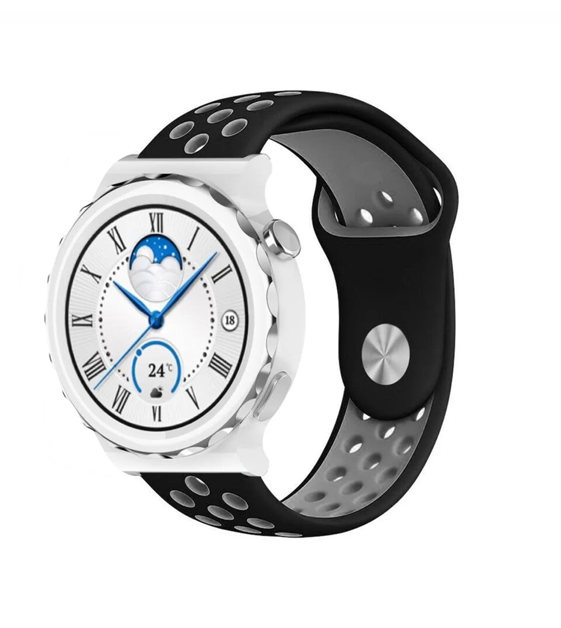 Silicone Sport Strap, black/grey, on a watch, 3/4 front view