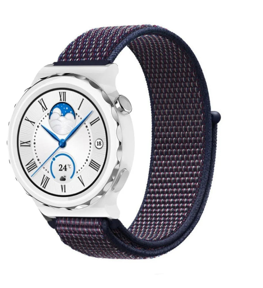 Nylon Strap, indigo blue, on a watch, 3/4 front view