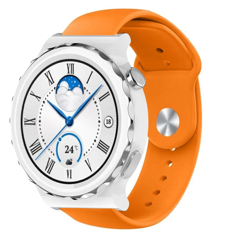 Silicone Sport Strap, orange, on a watch, 3/4 front view