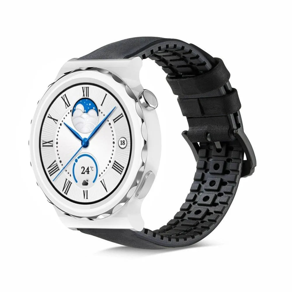 Leather Hybrid Strap, black, on a watch, 3/4 front view