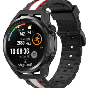 Silicone Special Edition Strap, black/white, on a watch, 3/4 front view