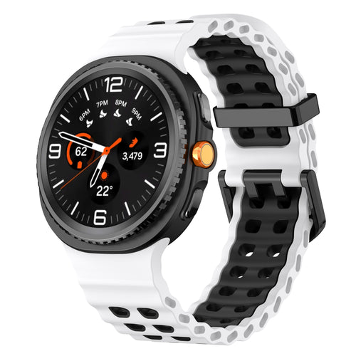 Silicone Ocean Strap, white/black, on a watch, 3/4 front view